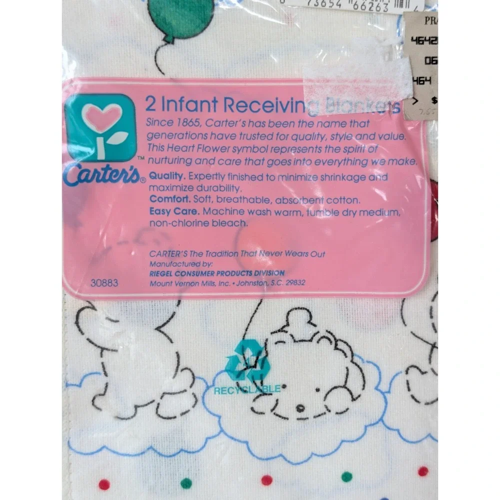 Vintage Carter's Infant Baby Receiving Blankets Bear Balloon Polk Dot Rare White